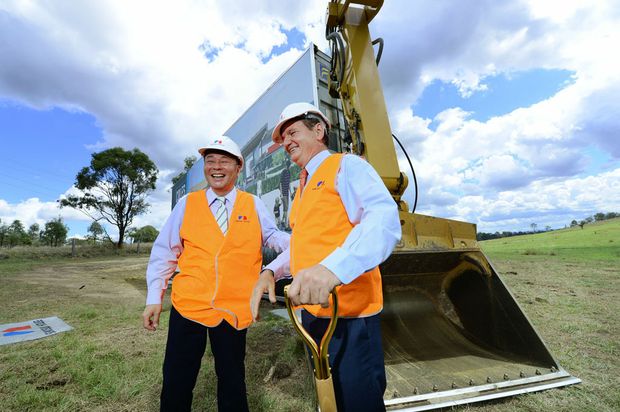 Sekisui House CEO Toru Abe and Ipswich Mayor Paul Pisasale turn the sod on Stage 1 of Ecco Ripley's Ripley Town Centre. Photo: David Nielsen / The Queensland Times