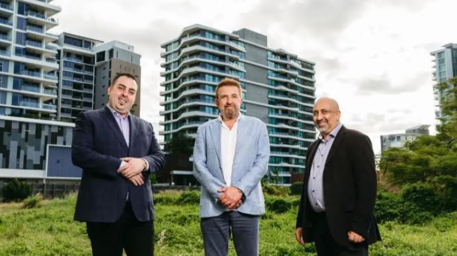 Descon chairman Danny Isaac, pictured with Wentworth Equities directors Simon Slavin and Sameh Ibrahim at the $70-million site last year.