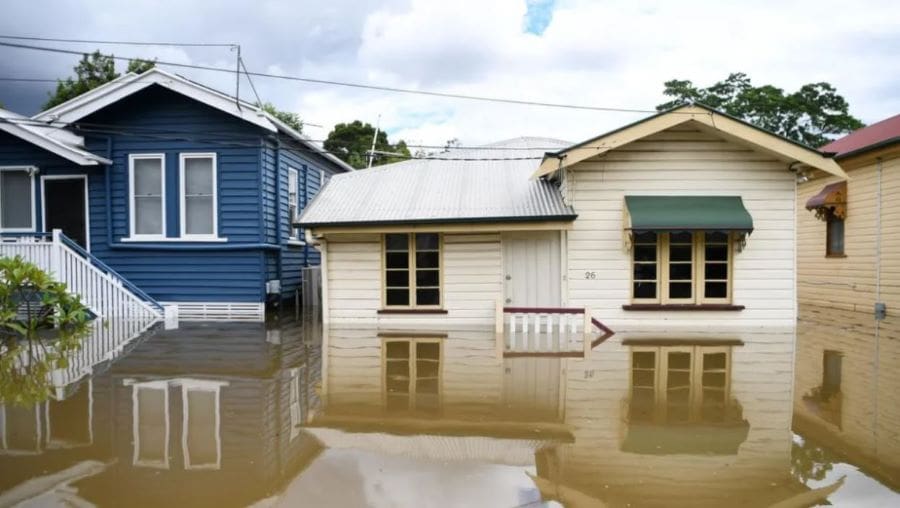 Houses inundated by floodwater in Auchenflower, Brisbane, after Queensland experienced its worst flooding in 30 years in early 2022.