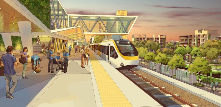 An artist’s impression of a new station on the Direct Sunshine Coast Rail Line.